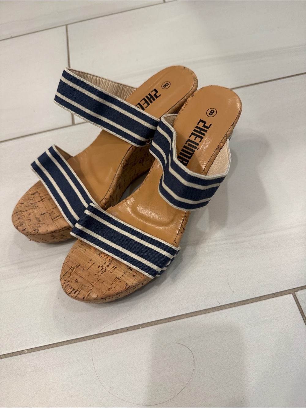 Striped Navy Cork Wedge Sandals - Women